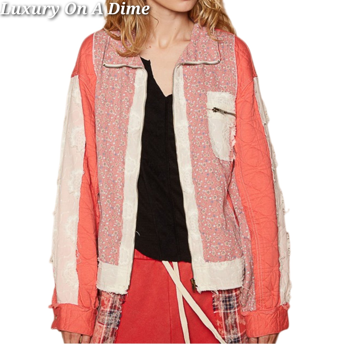 POL Quilted Granny Retro Floral Patchwork Oversized Pocket Zip-up Boho Jacket