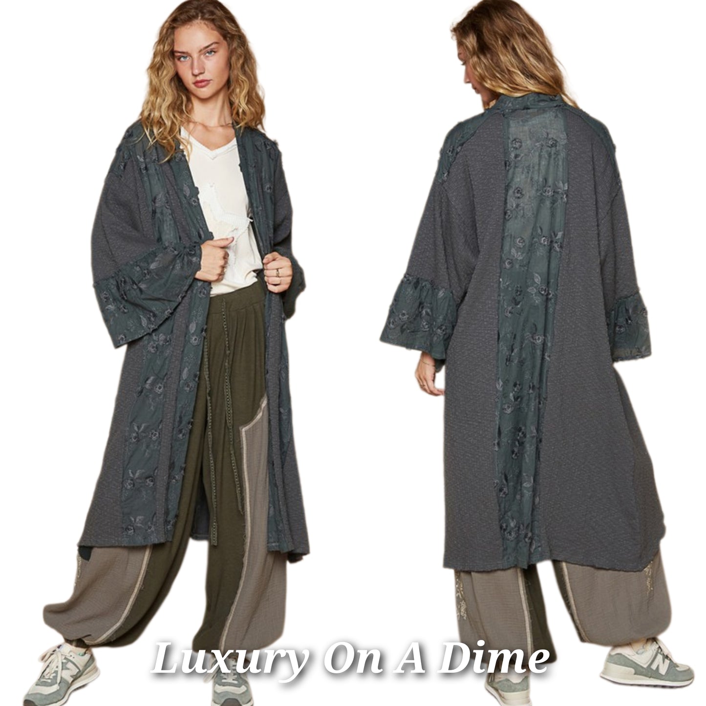 POL Lace Patchwork Oversized Granny Retro Floral Boho Ribbed Longline Cardigan