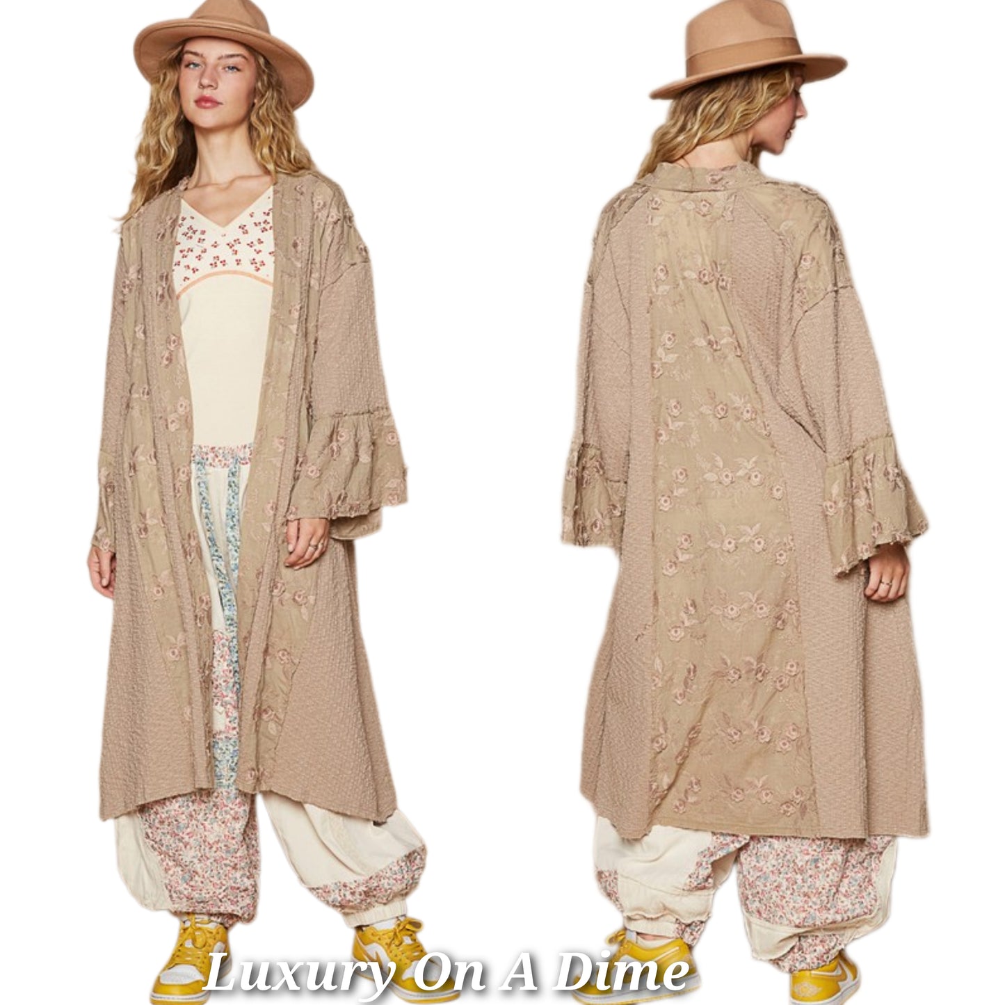 POL Lace Patchwork Oversized Granny Retro Floral Boho Ribbed Longline Cardigan