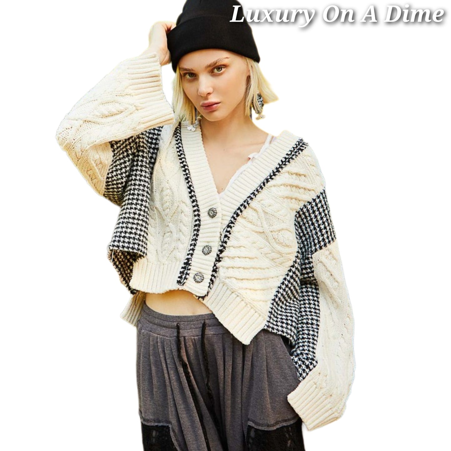 POL Cable Knit Jacket Patchwork Retro Button-up Houndstooth Oversized Cardigan