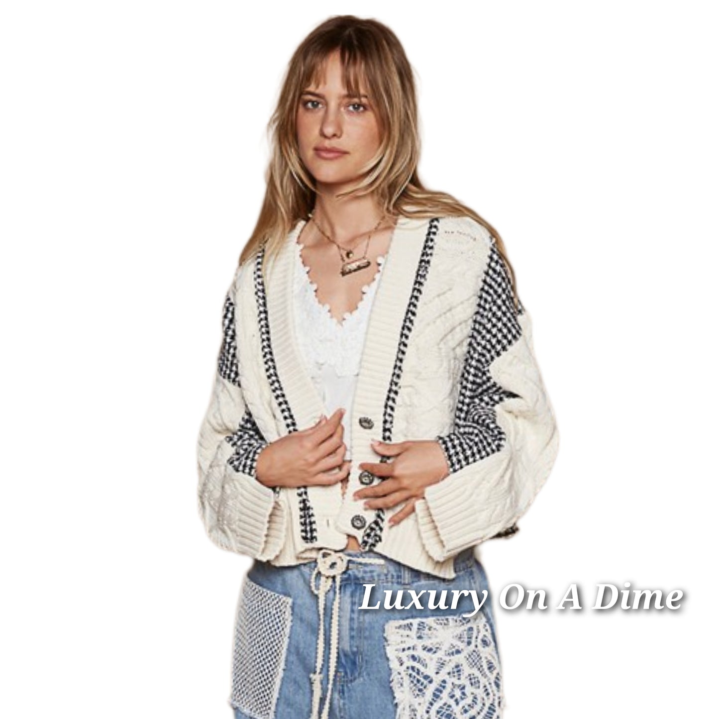 POL Cable Knit Jacket Patchwork Retro Button-up Houndstooth Oversized Cardigan