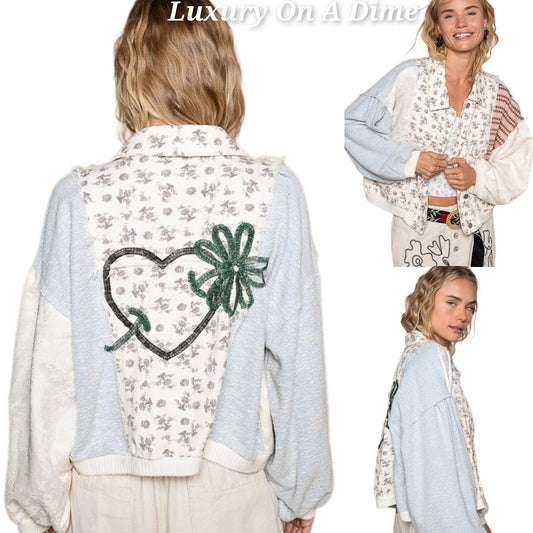 POL Embroidered Heart Flower Boho Jacket Retro Floral Patchwork Collar Button-up