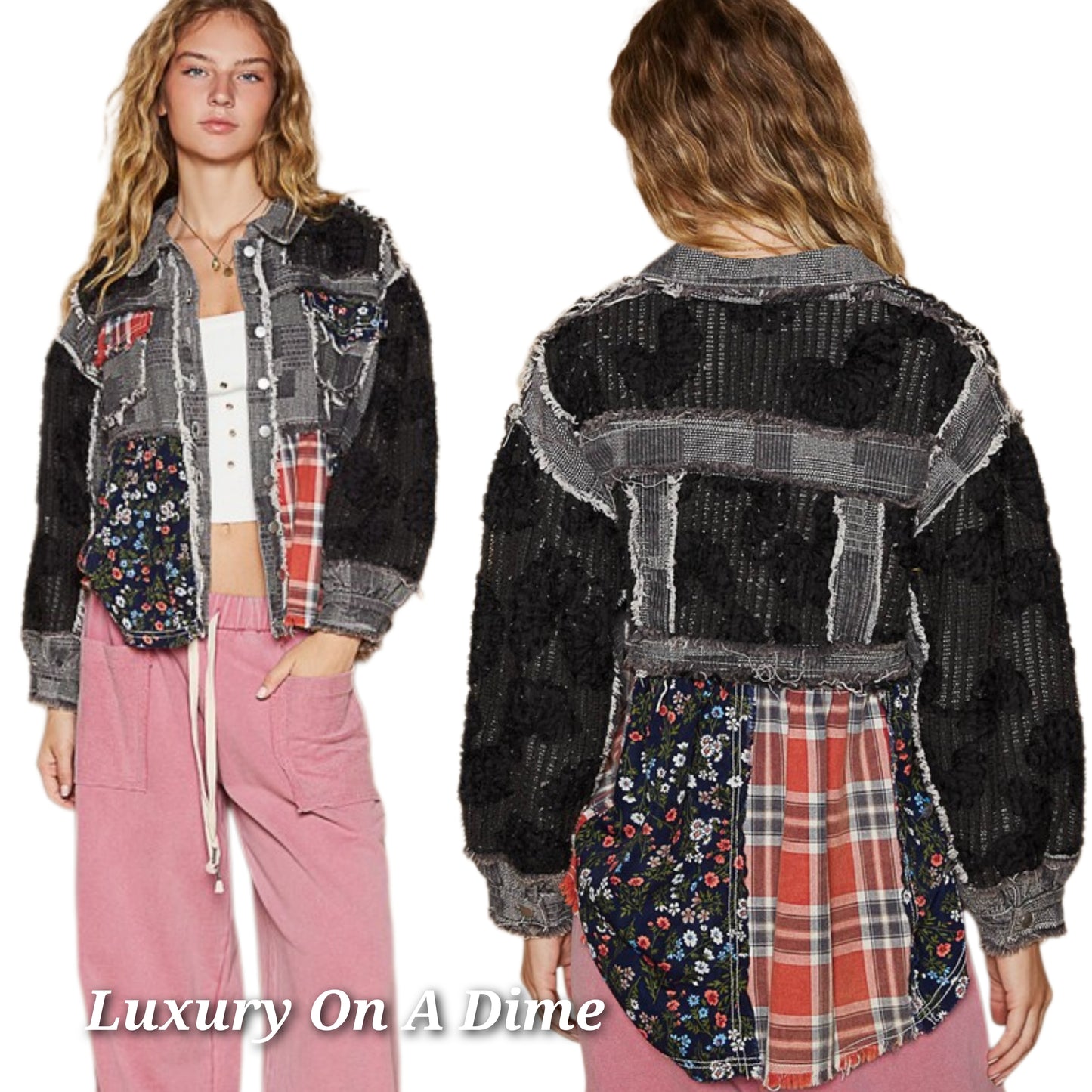 POL Crochet Knit Boho Jacket Retro Floral Farmhouse Plaid Patchwork Collar Button-up