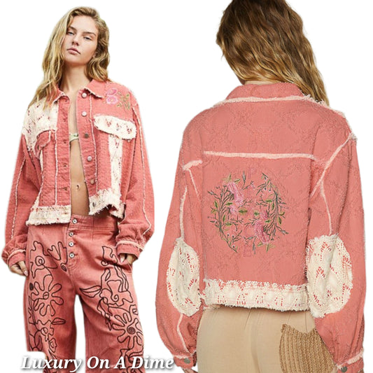 POL Peace Embroidered Floral Crochet Knit Patchwork Boho Button-up Jacket