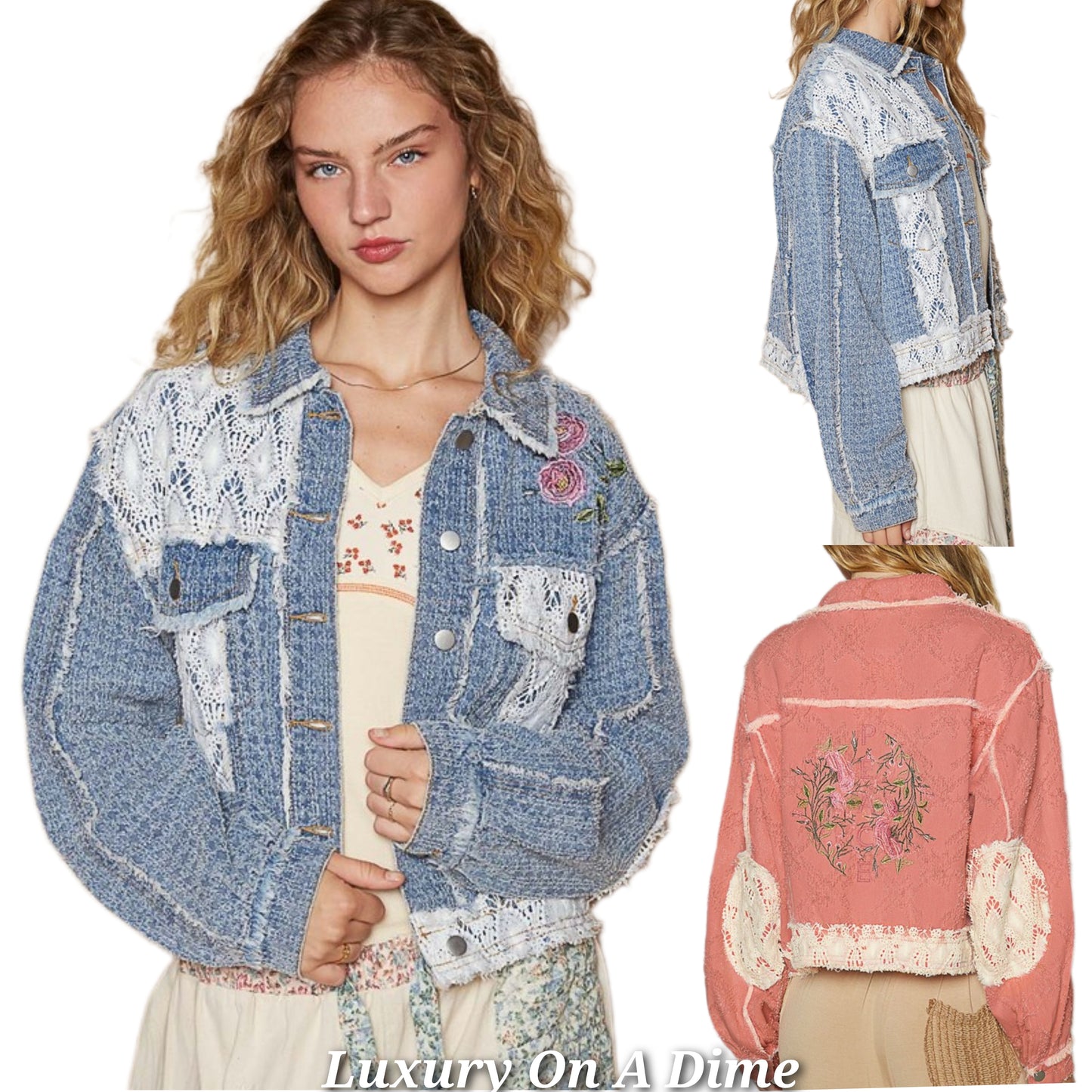 POL Peace Embroidered Floral Crochet Knit Patchwork Boho Button-up Jacket