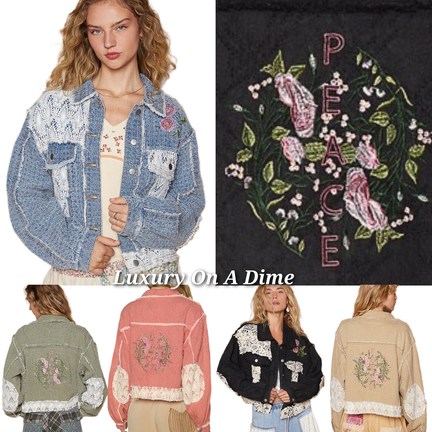 POL Peace Embroidered Floral Crochet Knit Patchwork Boho Button-up Jacket