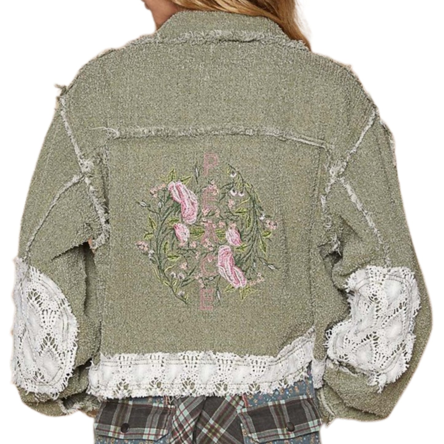 POL Peace Embroidered Floral Crochet Knit Frayed Patchwork Boho Button-up Jacket