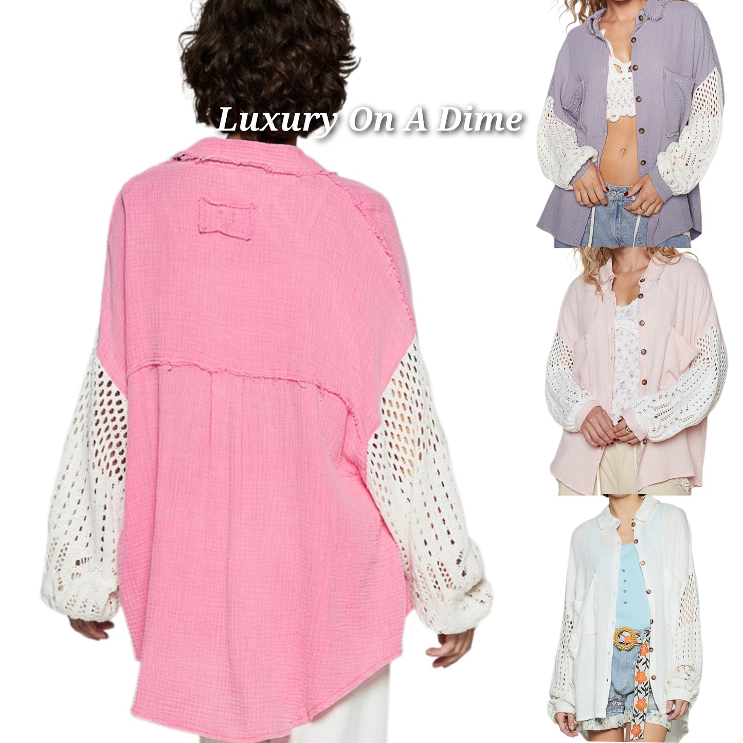 POL Crochet Patchwork Oversized Button-Up Blouse Long Sleeve High-low Gauze Shirt