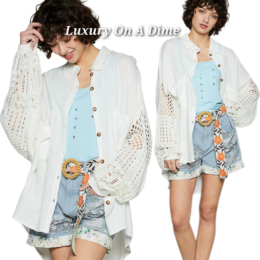 POL Crochet Patchwork Oversized Button-Up Blouse Long Sleeve High-low Gauze Shirt