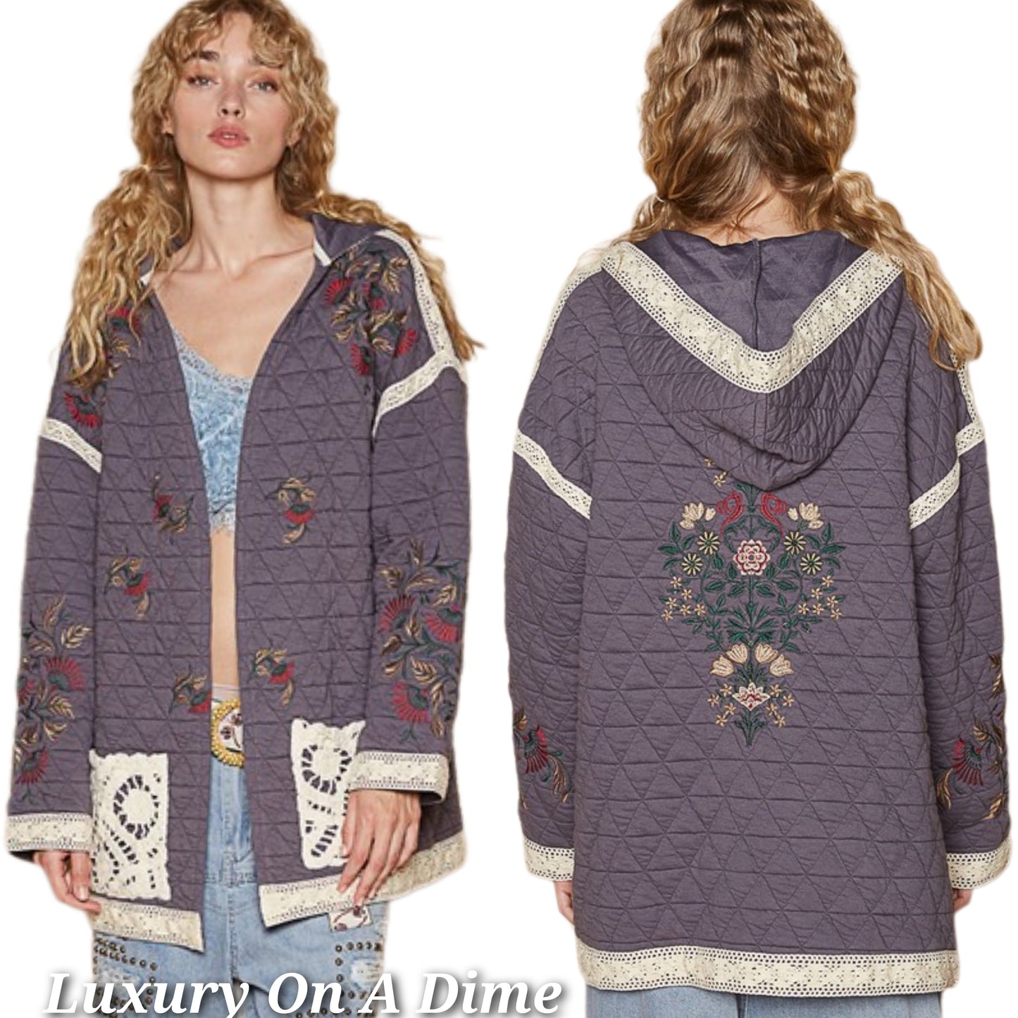 POL Embroidered Crochet Lace Hood Retro Floral Patchwork Oversized Boho Jacket