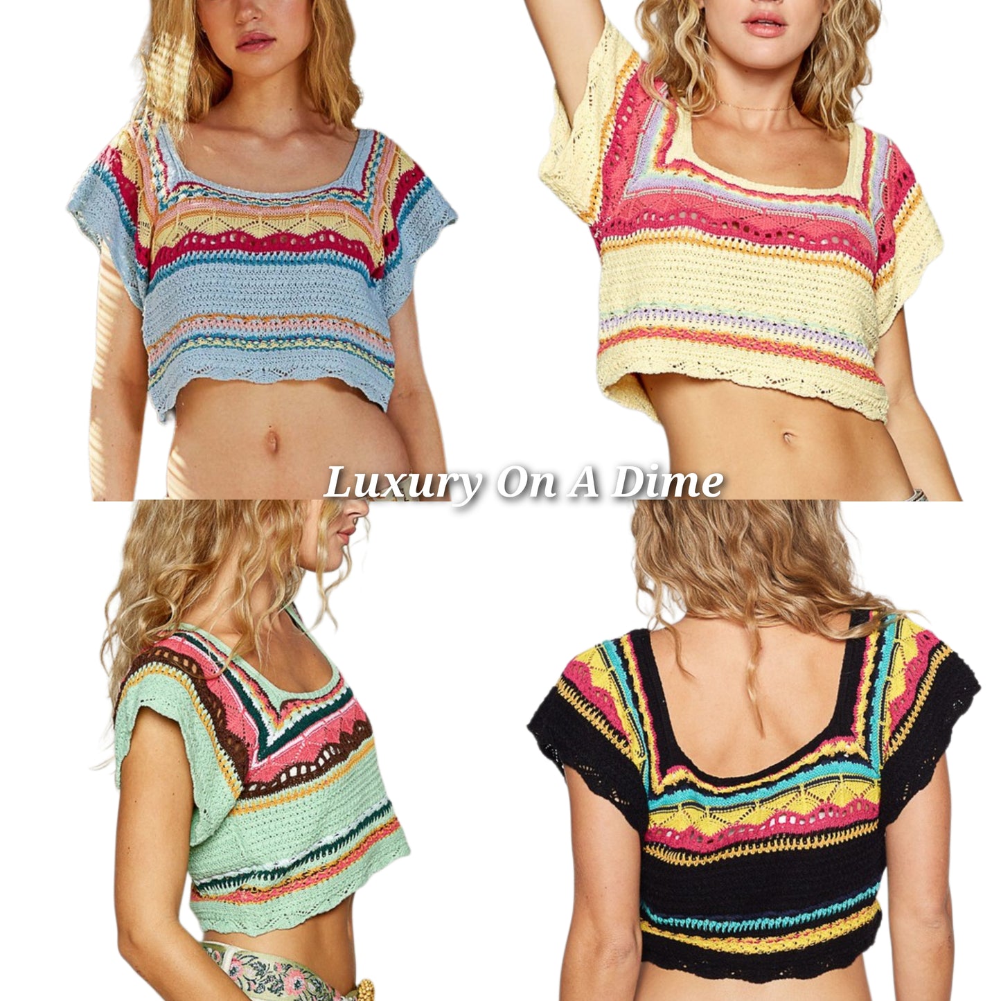 POL Crochet Granny Knit Openwork Short Sleeve Pullover Crop Top Colorful Boho Shirt Black