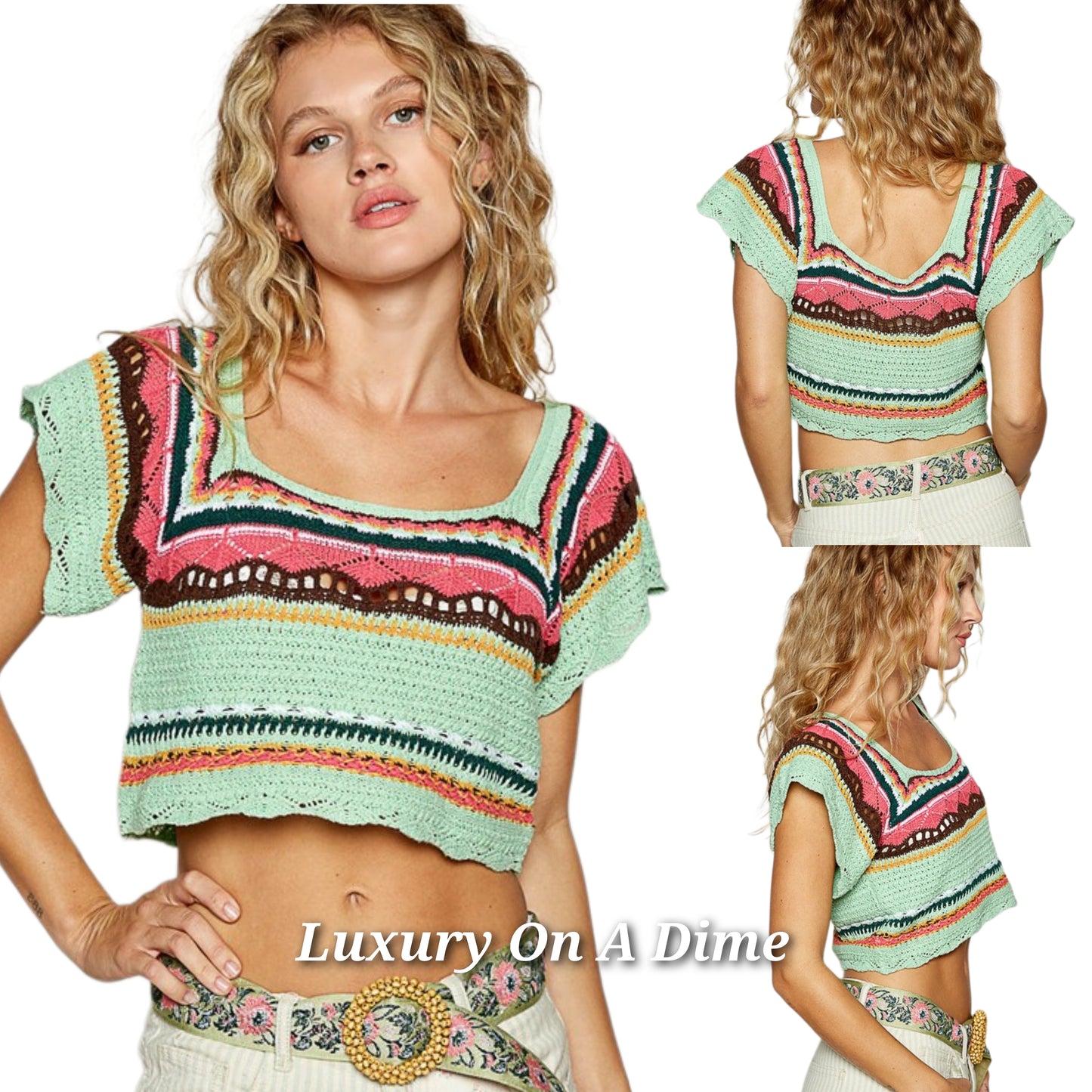 POL Crochet Openwork Bohemian Short Sleeve Crop Top Colorful Granny Knit Shirt Green