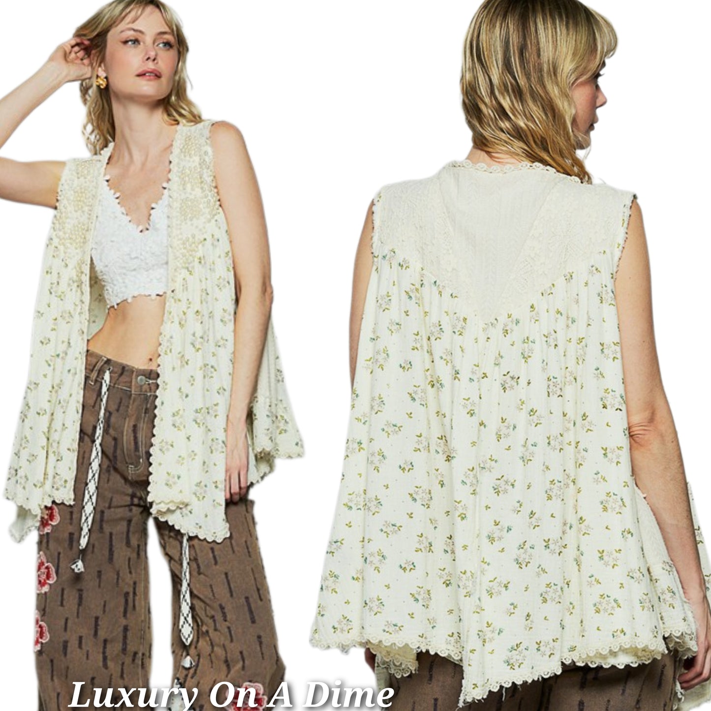 POL Lace Pearl Embroidered Patchwork Boho Vest Gauze Raw Hem Sleeveless Cardigan Floral Cream