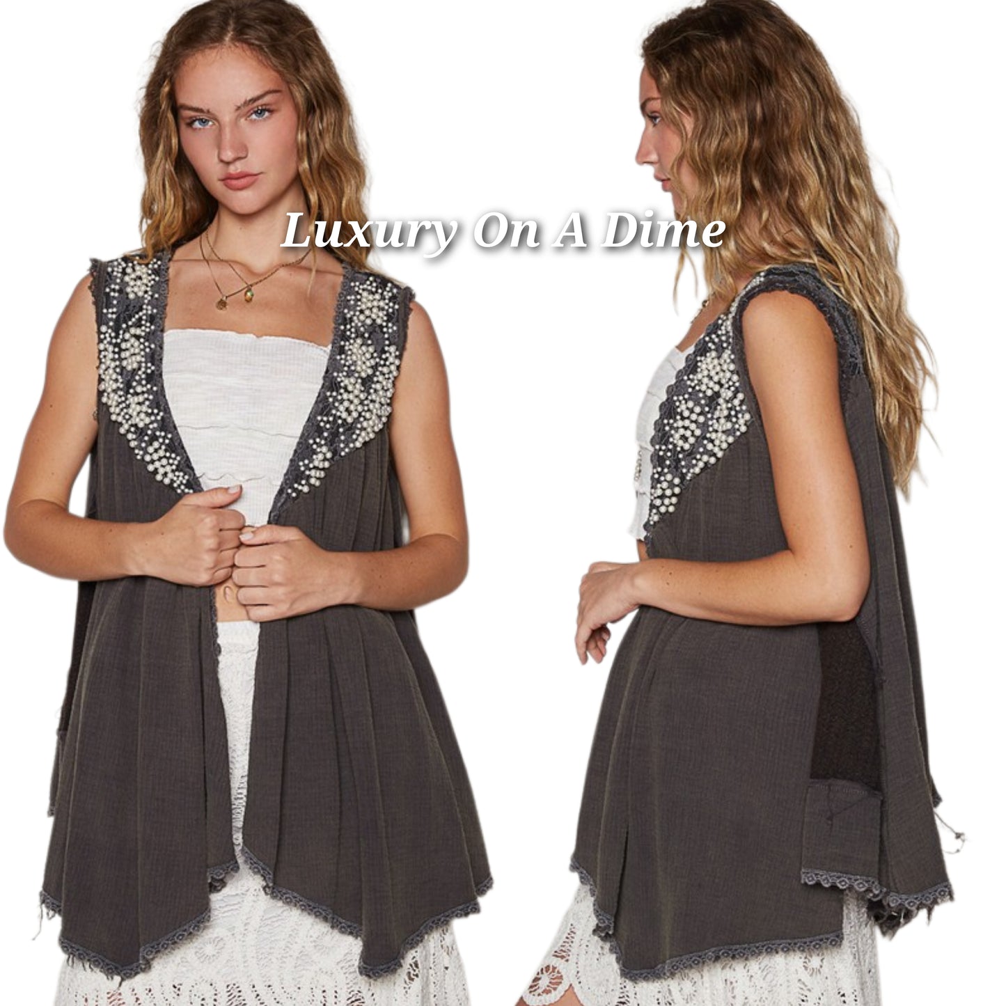 POL Lace Pearl Embroidered Patchwork Boho Vest Gauze Raw Hem Sleeveless Cardigan Charcoal Gray