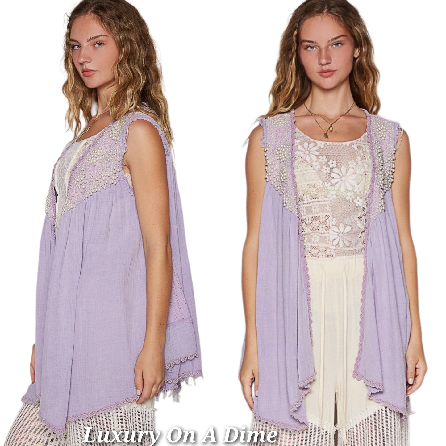 POL Lace Pearl Embroidered Patchwork Boho Vest Gauze Raw Hem Sleeveless Cardigan Lavender Purple