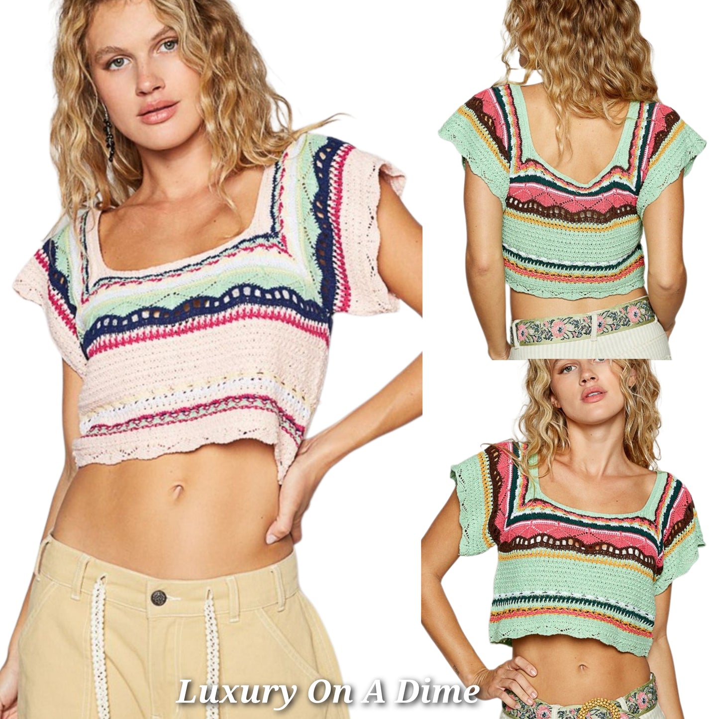 POL Crochet Openwork Bohemian Short Sleeve Crop Top Colorful Granny Knit Shirt