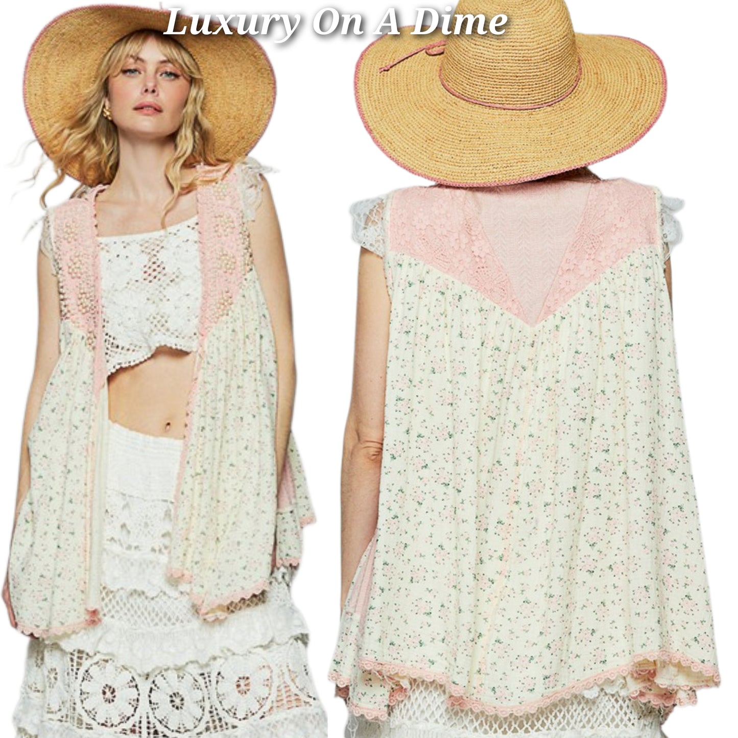 POL Lace Pearl Embroidered Patchwork Boho Vest Gauze Raw Hem Sleeveless Cardigan Pink Floral