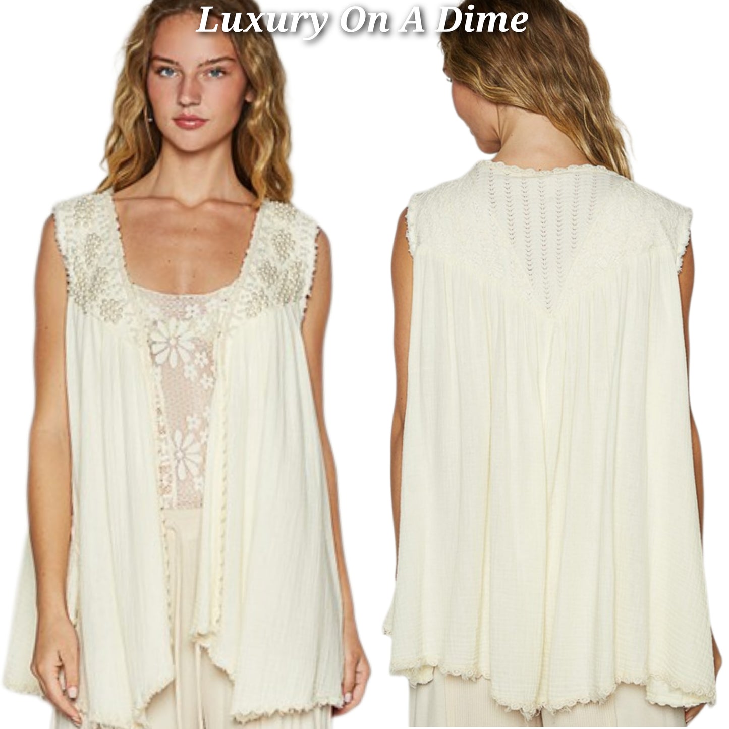 POL Lace Pearl Embroidered Patchwork Boho Vest Gauze Raw Hem Sleeveless Cardigan