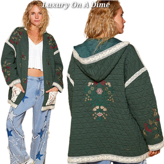 POL Quilted Granny Floral Embroidered Patchwork Oversized Pocket Bohemian Jacket