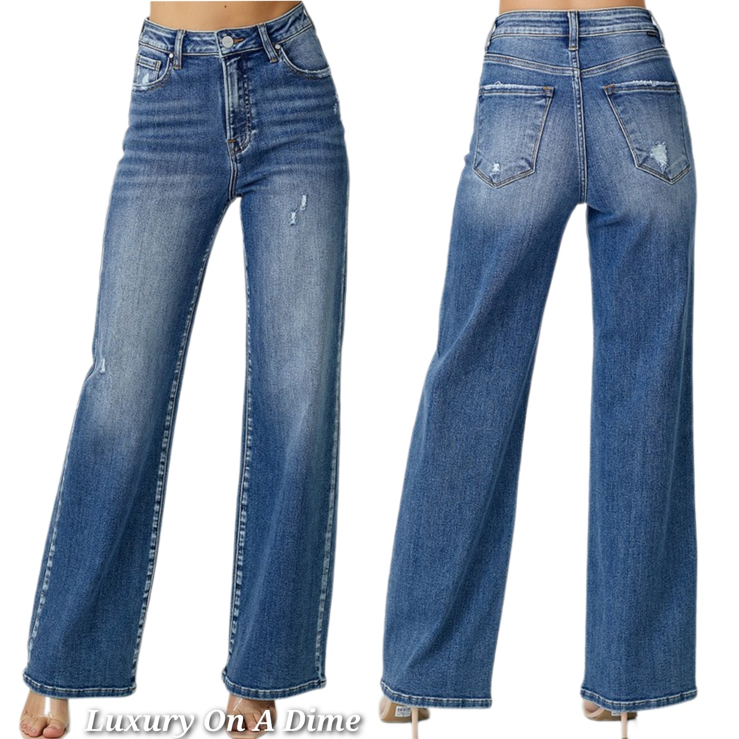 RISEN High-Rise Waist Straight Leg Mom Jeans Relaxed Fit Distressed Denim Pants