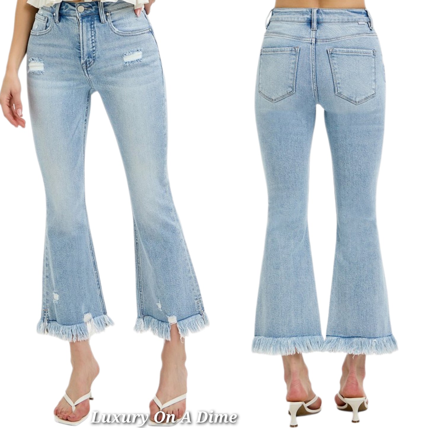 RISEN High-Rise Cropped Torn Denim Slim Fit Jeans Distressed Frayed Flare Pants