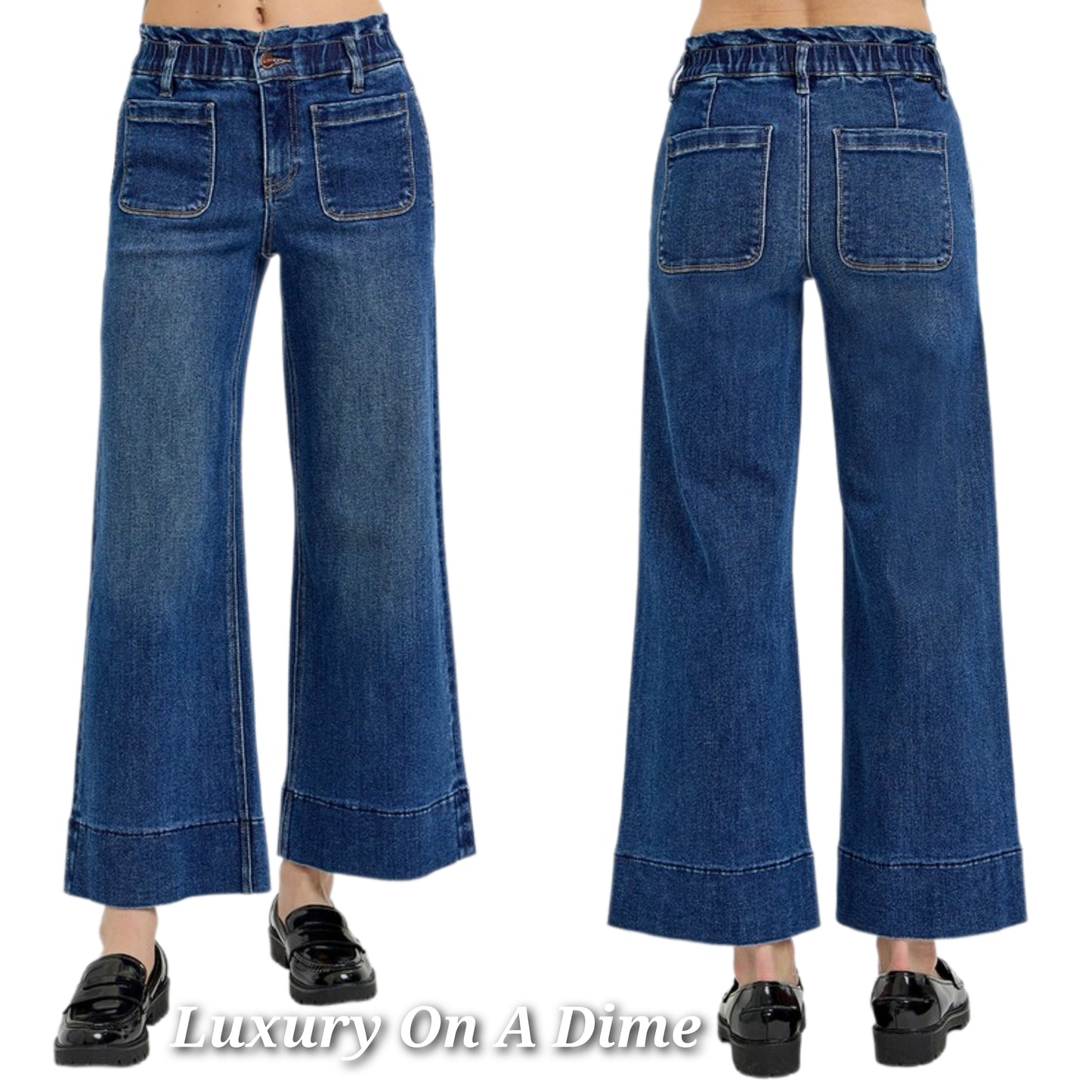 RISEN Elastic Waist High-Rise Retro Mom Jeans Relaxed Fit Wide Leg Denim Pants