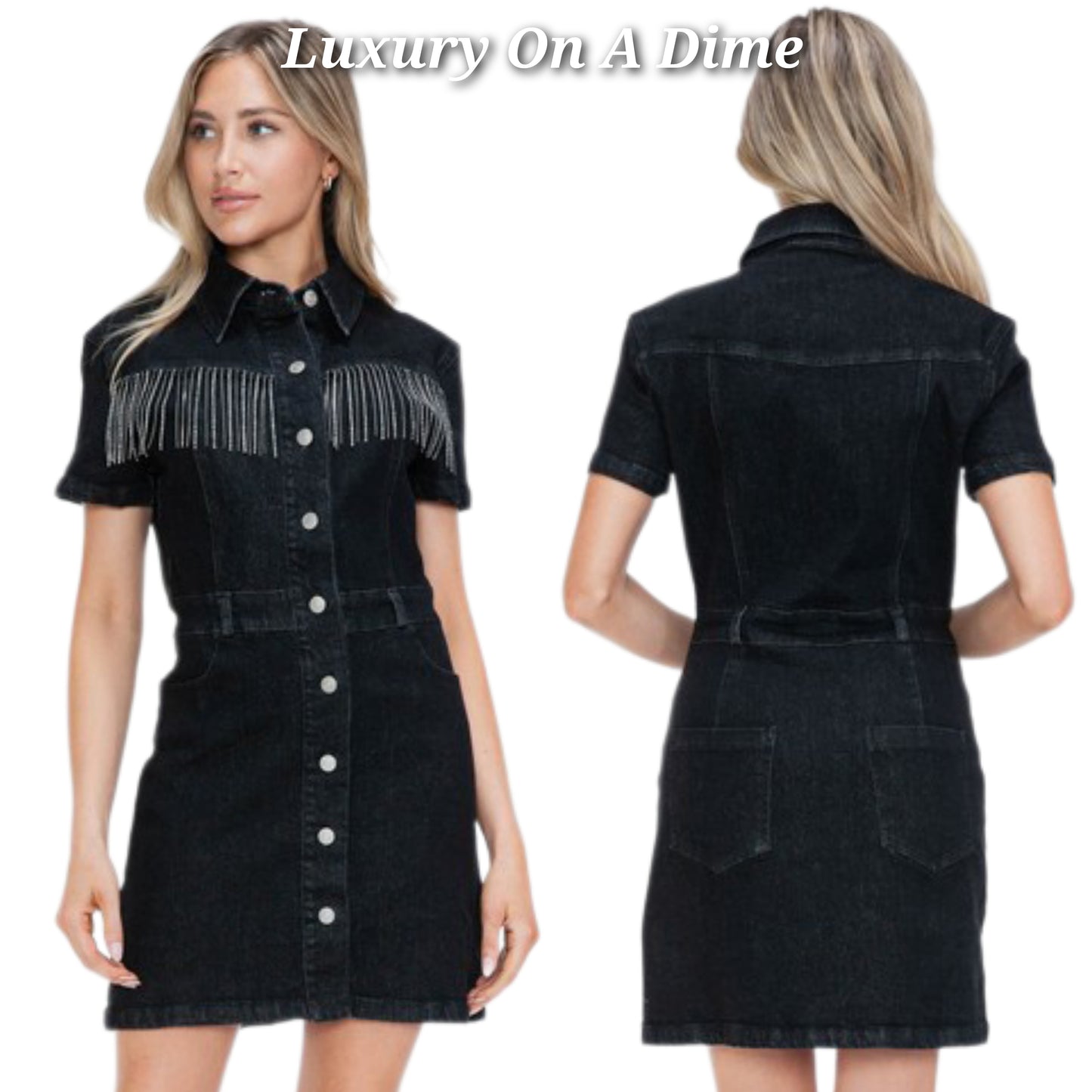 bytos Denim Rhinestone Fringe Pocket Jacket Dress Jean Collar Button-up Mini