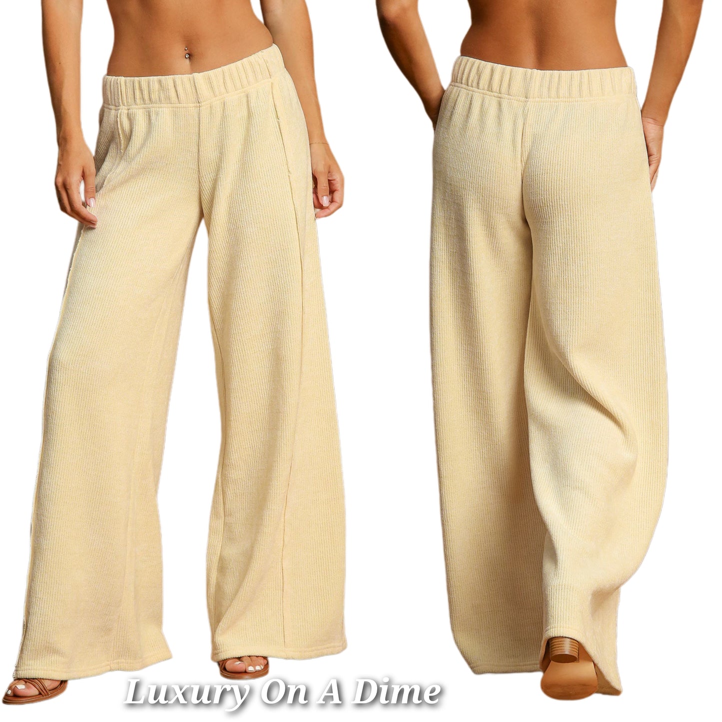 Umgee Ribbed Elastic Waist Pants Wide Leg Boho Oversized Relaxed Boyfriend Fit Cream