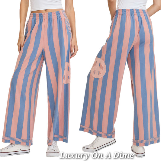 Umgee Peace Patch Elastic Waist Pants Wide Leg Stripe Boho Oversized Relaxed Fit Blue Pink