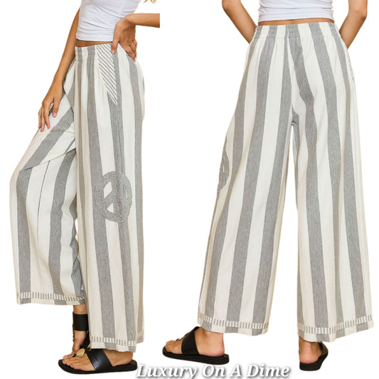 Umgee Peace Patch Elastic Waist Pants Wide Leg Stripe Boho Oversized Relaxed Fit Gray