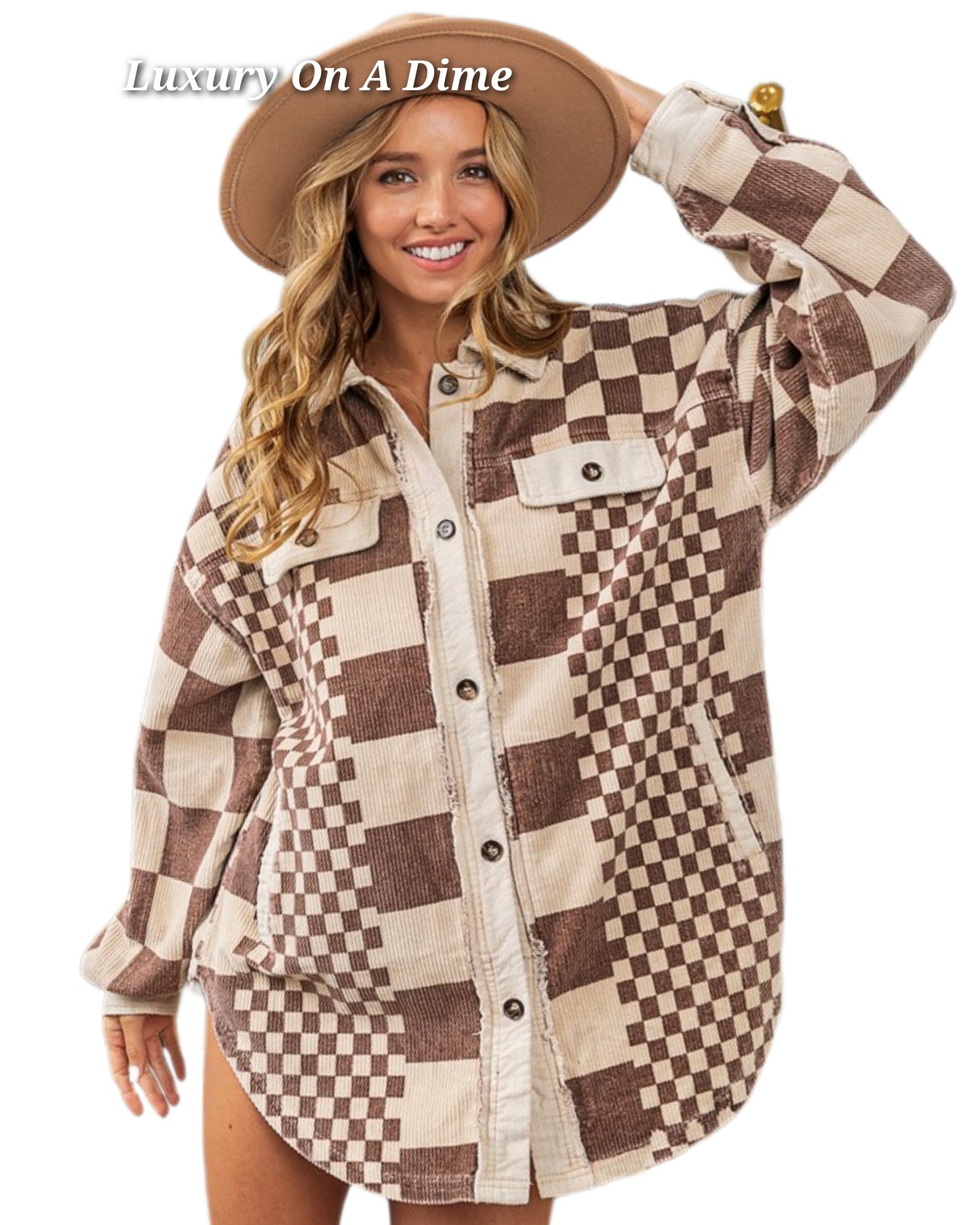 BiBi Corduroy Shacket Checker Patchwork Oversized Long Sleeve Button Shirt Jacket