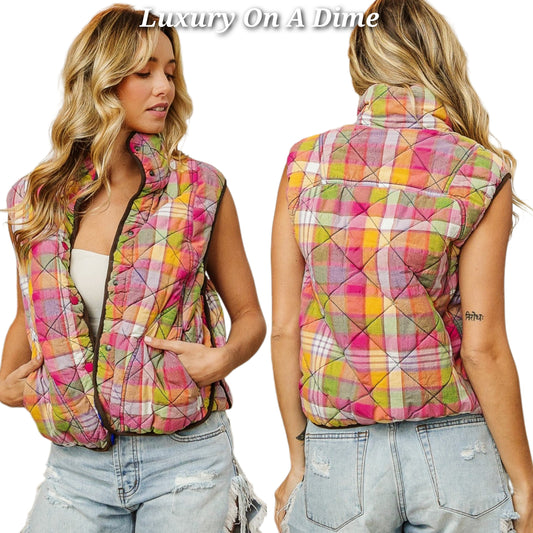 POL Quilted Granny Retro Washed Plaid Colorful Snap Vest Sleeveless Pockets