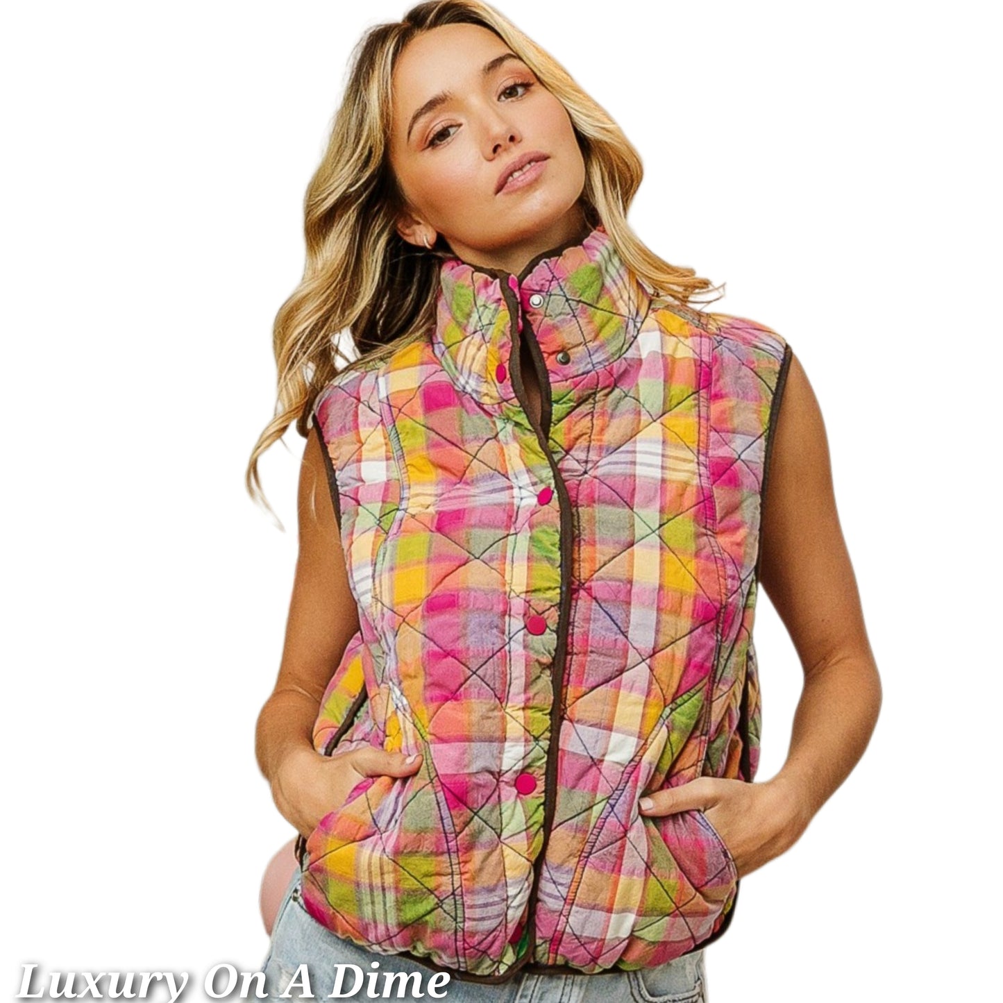 POL Quilted Granny Retro Washed Plaid Colorful Snap Vest Sleeveless Pockets