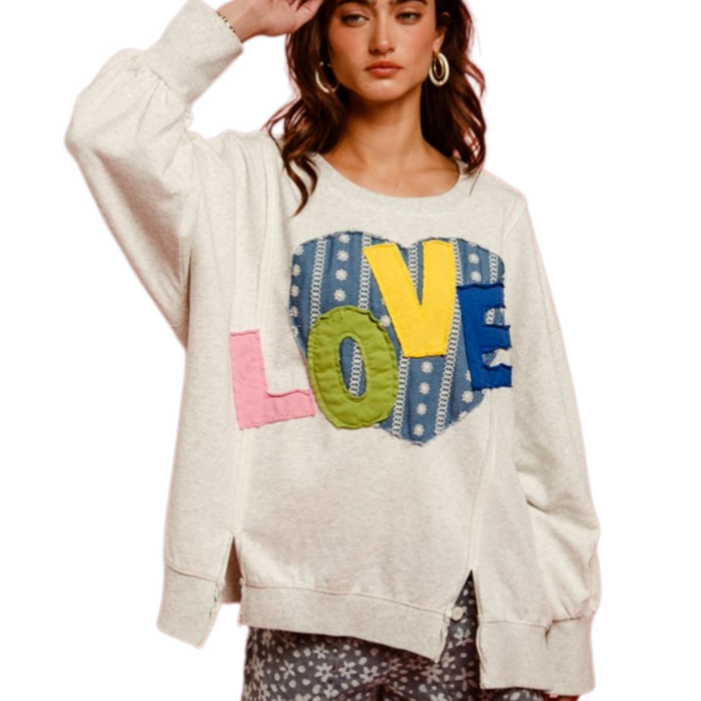 BiBi Love Heart Patch French Terry Split Sweatshirt Retro 90s Shirt Oversized Top Gray