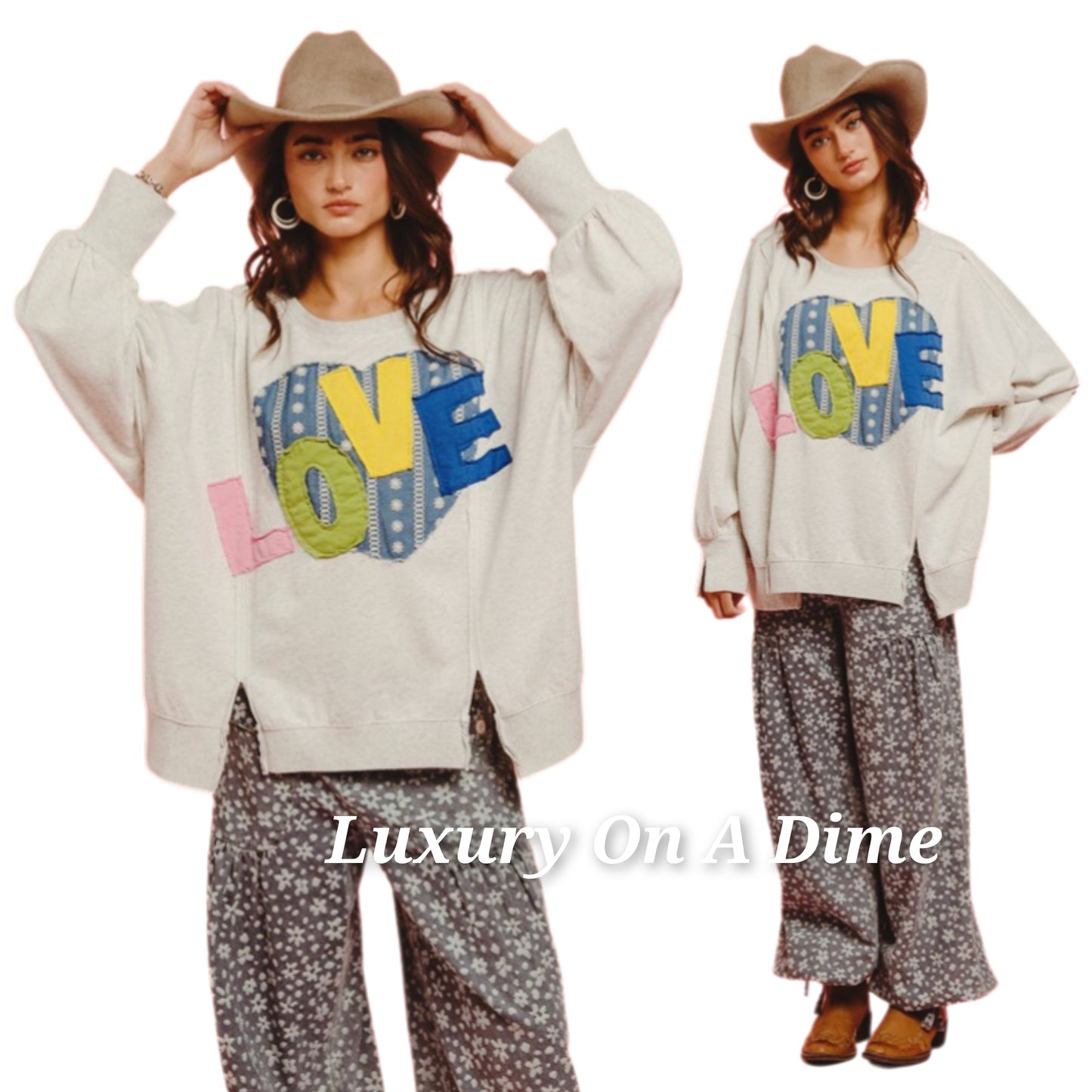 BiBi Love Heart Patch French Terry Split Sweatshirt Retro 90s Shirt Oversized Top Gray