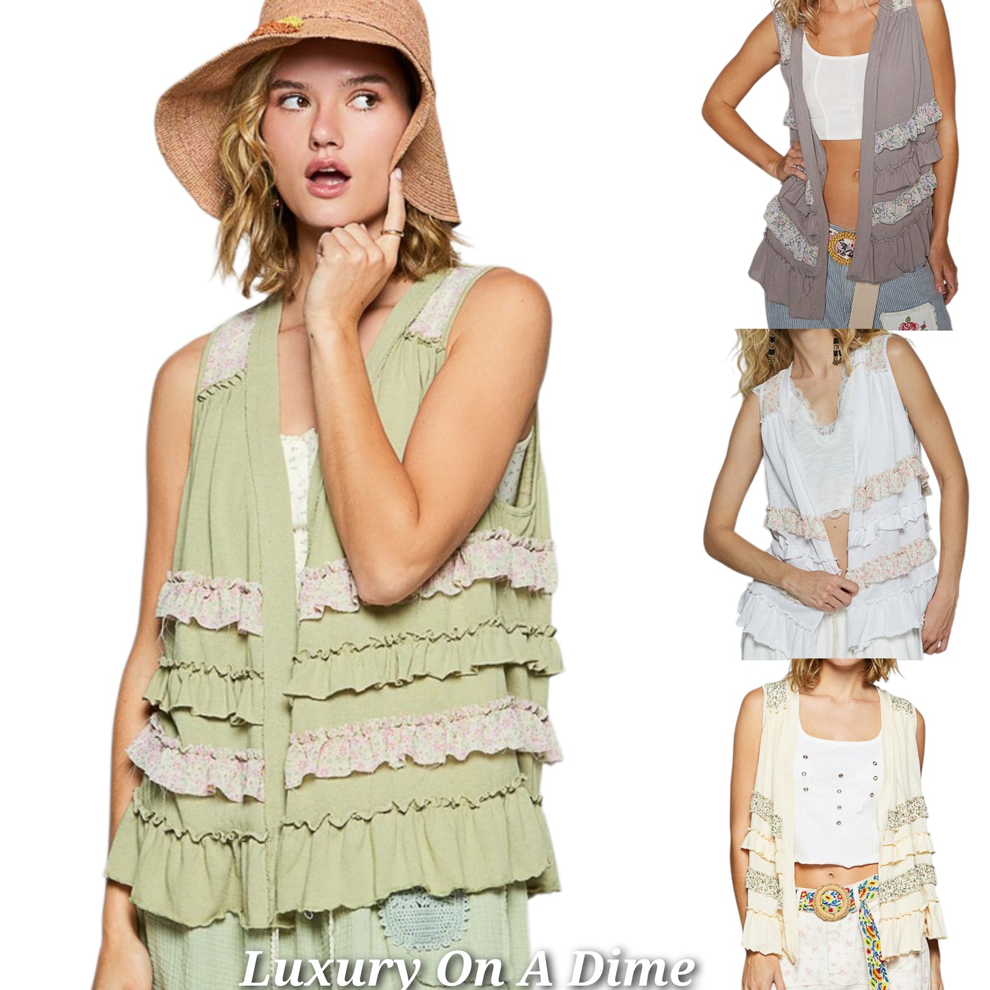 POL Ruffle Patchwork Floral Boho Vest Hippie Raw Seam Sleeveless Cardigan