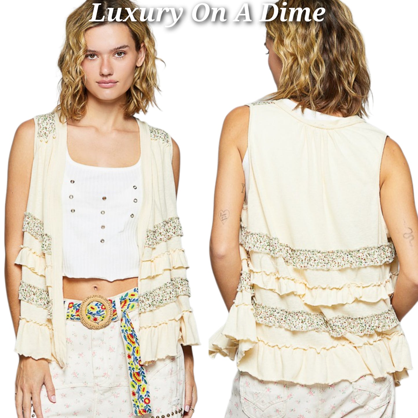 POL Ruffle Patchwork Retro Floral Boho Vest Hippie Raw Seam Sleeveless Cardigan Cream