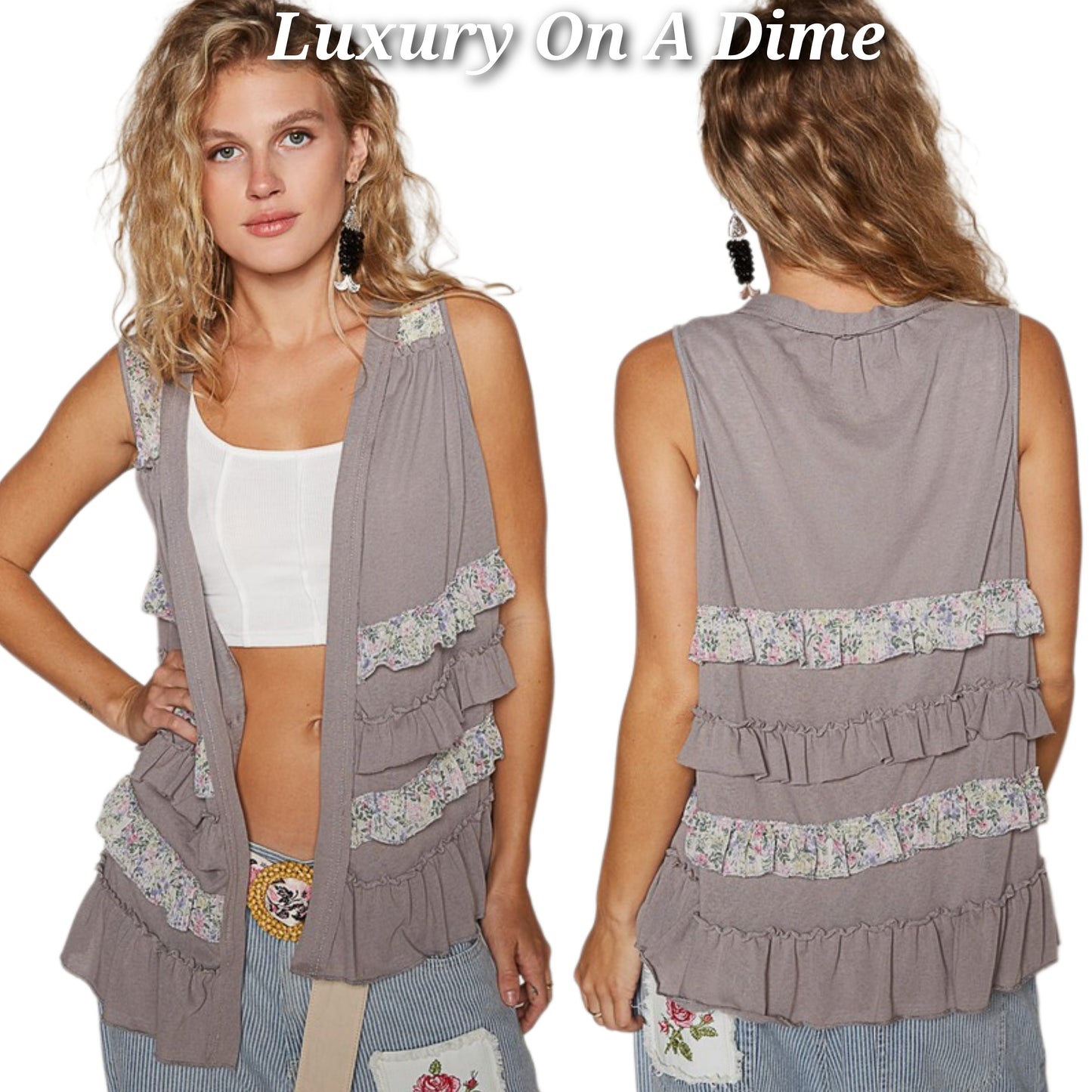 POL Ruffle Patchwork Retro Floral Boho Vest Hippie Raw Seam Sleeveless Cardigan Gray