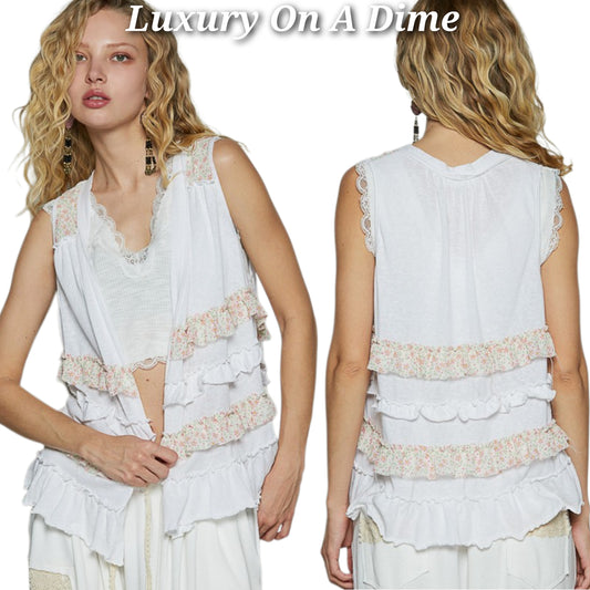 POL Ruffle Patchwork Retro Floral Boho Vest Hippie Raw Seam Sleeveless Cardigan White