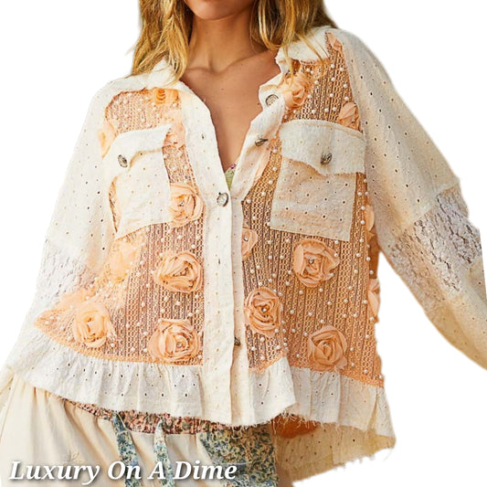 POL Pearl Blouse Lace Patchwork Eyelet Floral Top Long-Sleeve Boho Button Shirt Peach Cream