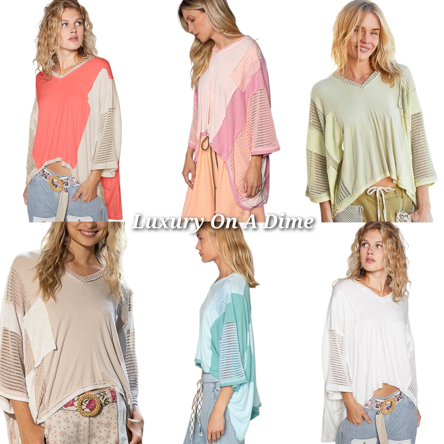 POL Lace Waffle Knit Patchwork Retro High-Low Top Oversized Boho Shirt Latte Tan