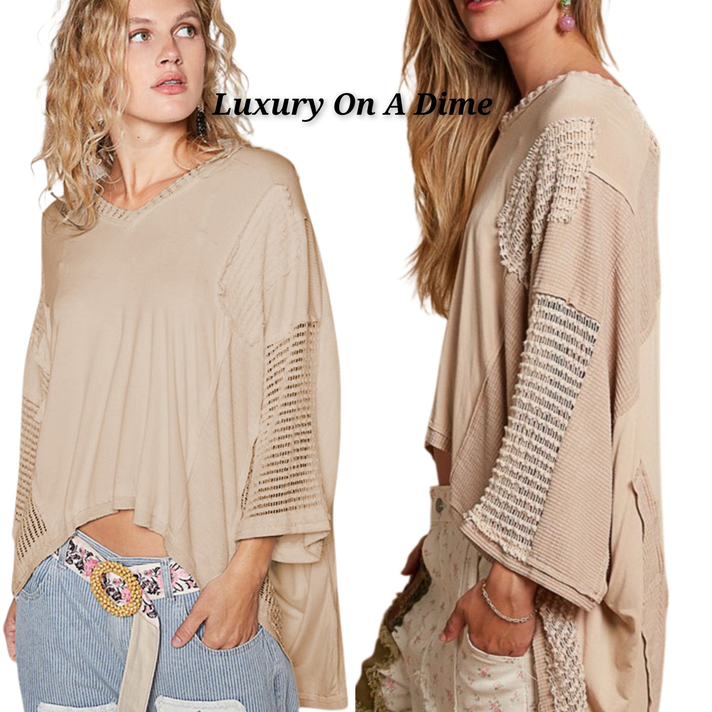 POL Lace Waffle Knit Patchwork Retro High-Low Top Oversized Boho Shirt Latte Tan