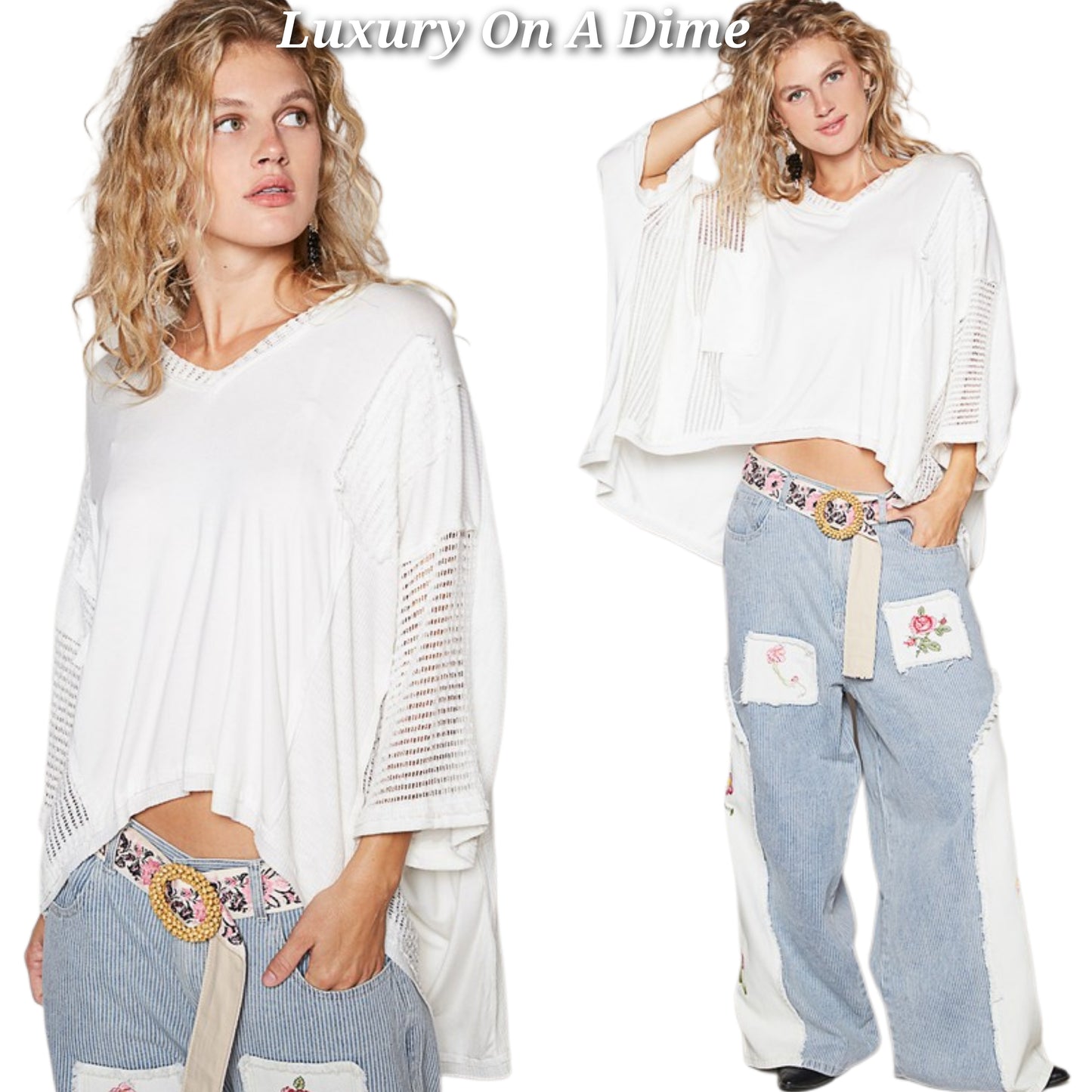 POL Lace Waffle Knit Patchwork Retro High-Low Top Oversized Boho Hippie Shirt Ivory