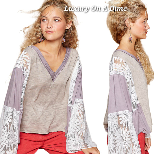 POL Floral Lace Patchwork Retro Flare Bell Sleeve Top Oversized Boho Hippy Shirt Gray Purple