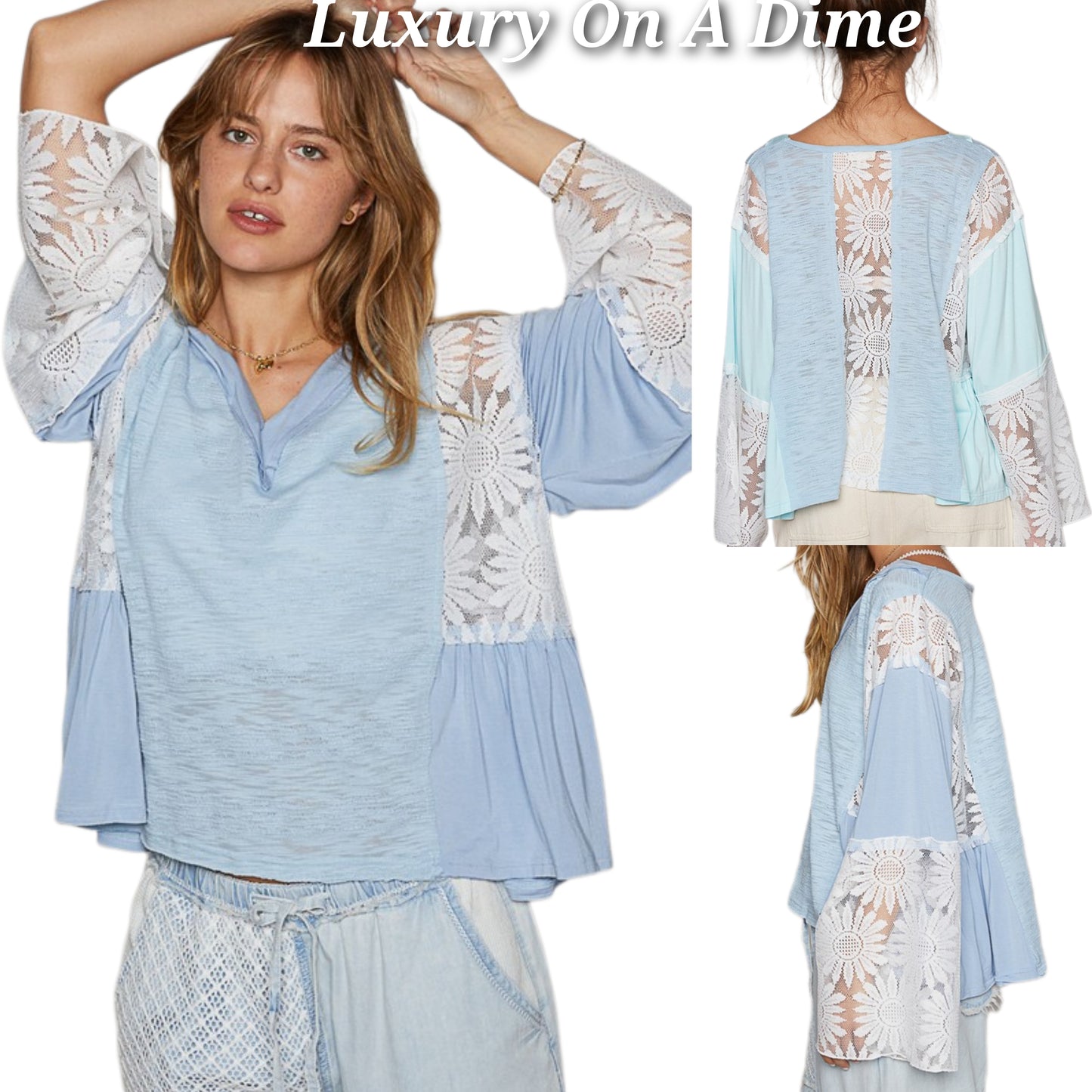 POL Floral Lace Patchwork Retro Flare Bell Sleeve Top Oversized Boho Hippy Shirt Power Blue