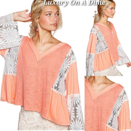 POL Floral Lace Patchwork Retro Flare Bell Sleeve Top Oversized Boho Hippy Shirt Coral