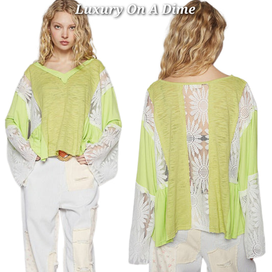 POL Floral Lace Patchwork Retro Flare Bell Sleeve Top Oversized Boho Hippy Shirt Neon Lime