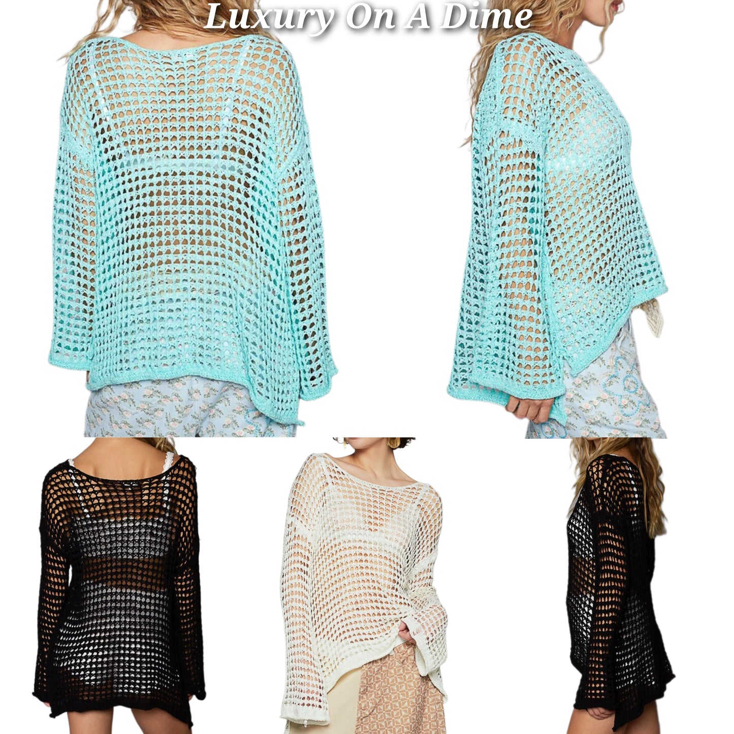 POL Openwork Crochet Knit Retro Flare Bell Sleeve Top Oversized Boho Hippy Shirt Mint Blue