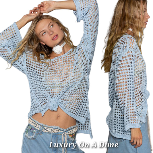 POL Openwork Crochet Knit Retro Flare Bell Sleeve Top Oversized Boho Hippy Shirt Blue