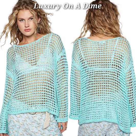 POL Openwork Crochet Knit Retro Flare Bell Sleeve Top Oversized Boho Hippy Shirt Mint Blue